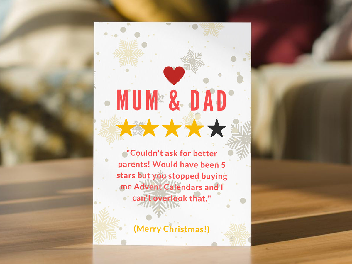 Funny Christmas card for Mum and Dad with five-star review design, snowflakes and Advent calendar joke.
